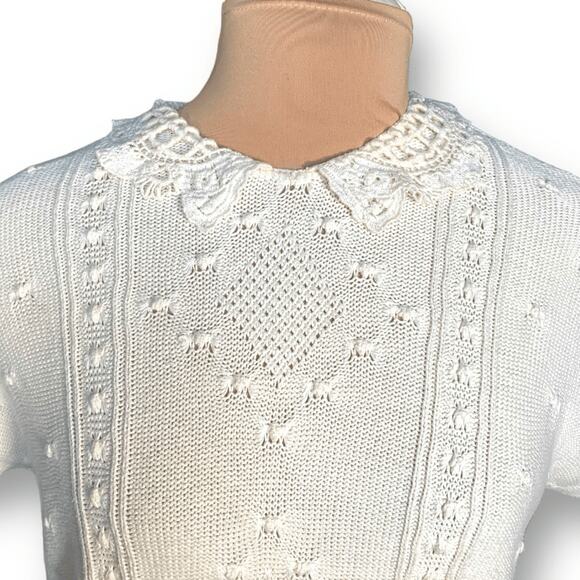 Vintage 90s Off White Knit Sweater Lace Peter Pan Collar Neutral Pullover Medium - Picture 1 of 8